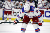 New York Rangers' Ryan Strome (16) skates during the third period of Game 5 of the team's NHL hockey Stanley Cup second-round playoff series against the Carolina Hurricanes in Raleigh, N.C., Thursday, May 26, 2022. (AP Photo/Karl B DeBlaker)