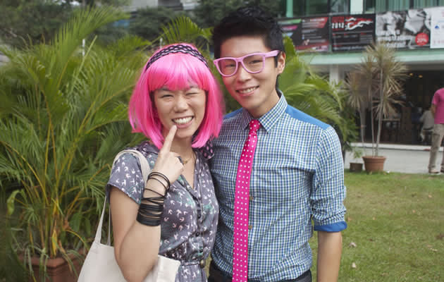 Pink Dot was a great opportunity for participants to let loose and dress creatively to express their personalities. This couple wasn't afraid to show their crazier side, with Jainjia (left) sporting a bright neon pink wig. (Yahoo! photo/Melissa Law)