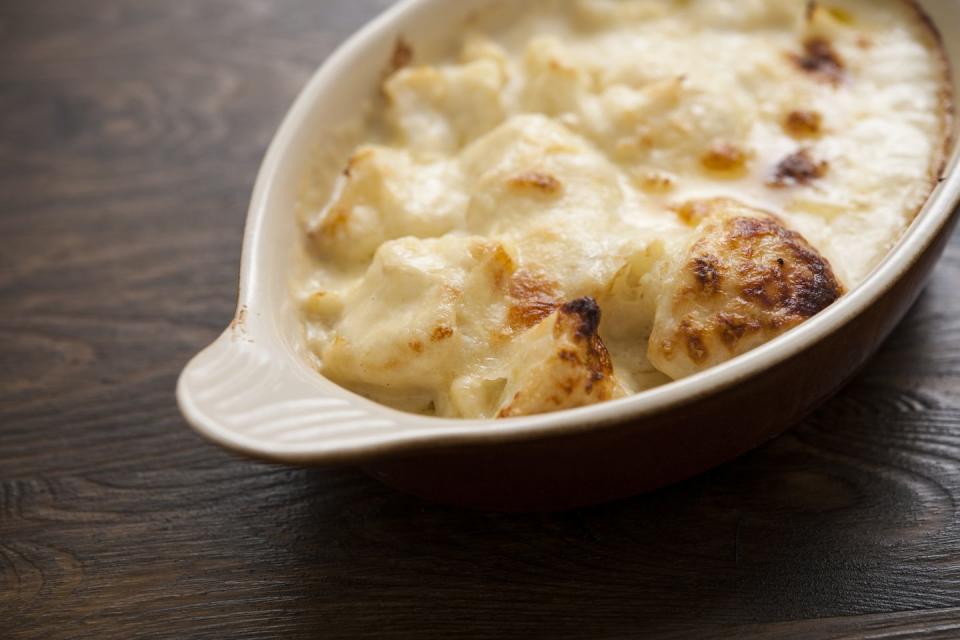 bowl of freshly baked cauliflower cheese