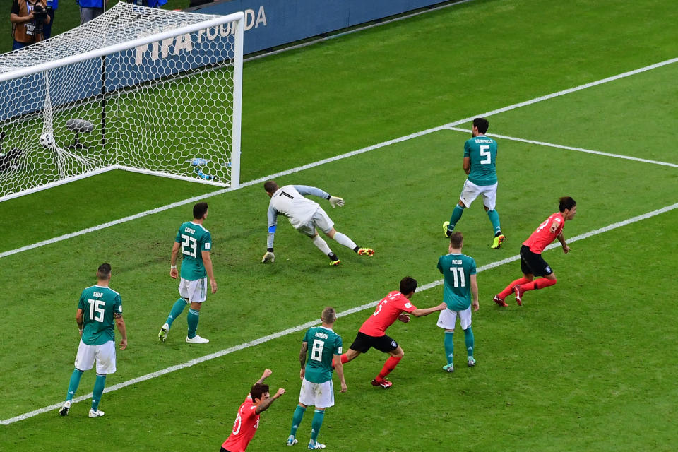 South Korea’s Kim Young-gwon opens the scoring in one of the biggest World Cup shocks of recent years. (Getty)