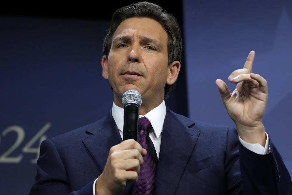 Republican presidential candidate Florida Gov. Ron DeSantis speaks during the Family Leadership Summit, Friday, July 14, 2023, in Des Moines, Iowa. (AP Photo/Charlie Neibergall)