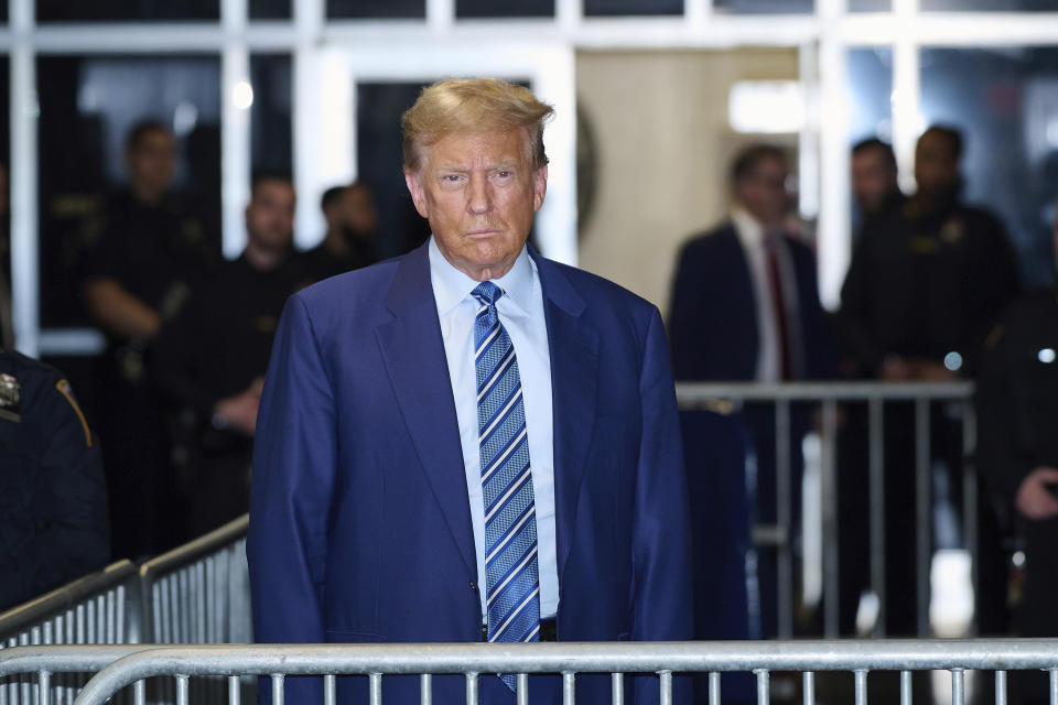 Former President Donald Trump speaks to the press after the second day of his criminal trial, Tuesday, April 16, 2024 in New York. (Curtis Means/Pool Photo via AP)