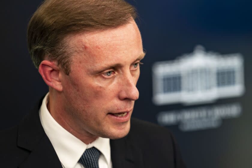 WASHINGTON, DC - JULY 11: White House National Security Advisor Jake Sullivan speaks speaks to reporters during the daily press briefing in the Brady Press Briefing Room on the White House Complex on Monday, July 11, 2022 in Washington, DC. Sullivan previewed President Joe Biden's upcoming trip to Israel and Saudi Arabia and answered questions about the ongoing invasion of Ukraine by Russia. (Kent Nishimura / Los Angeles Times)