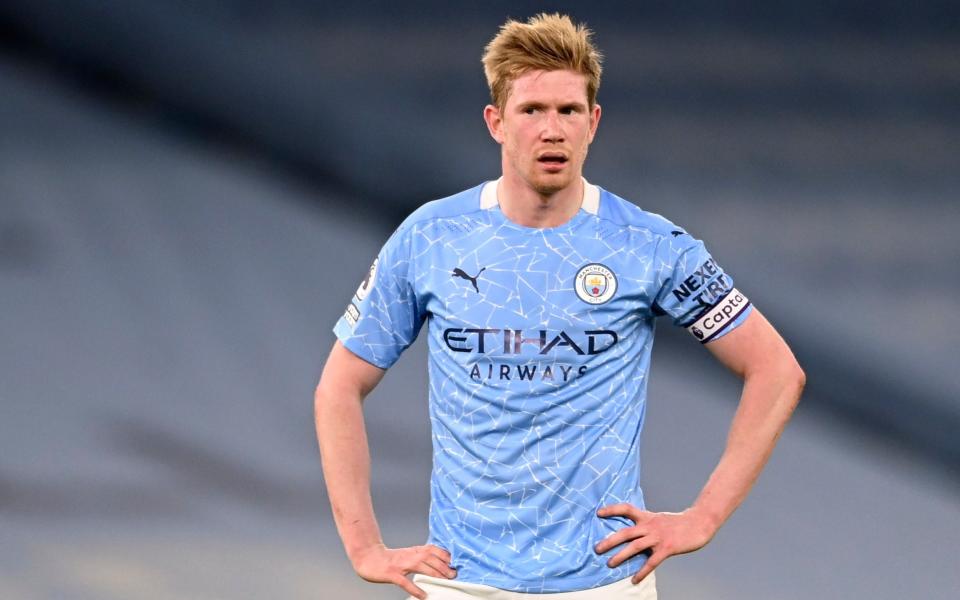 Manchester City's Kevin De Bruyne reacts at the end of the English Premier League soccer match between Manchester City and Manchester United  - AP