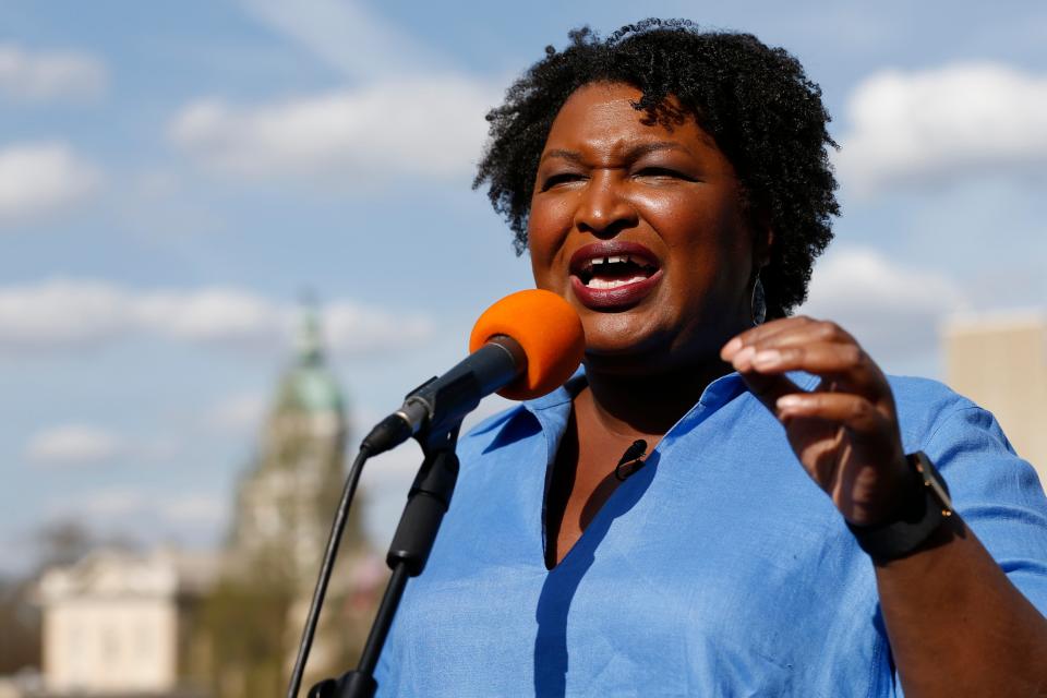 Stacey Abrams speaks during a campaign stop at the Georgia Theatre in downtown Athens, Ga., on Tuesday, March 22, 2022. The stop was Abrams' first to Athens of the election year.