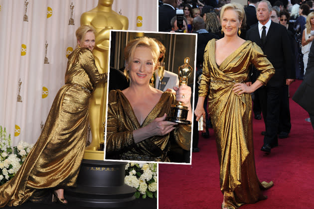 Einfach goldig, die Meryl! Die Grande Dame Hollywoods machte ihren Oscar-Hattrick komplett – sie wurde (für „The Iron Lady“) zum dritten Mal mit dem begehrten Filmpreis geehrt – schoss sich in ihrem Lanvin-Goldvorhang jedoch modetechnisch eindeutig ins Aus.