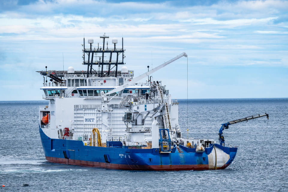 The specialist cable-laying vessel NKT Victoria was used to install the subsea cable, which will take electricity produced on Shetland to the UK mainland (SSE/PA)