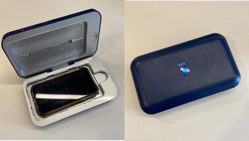 PhoneSoap is like a pint-sized tanning bed for your phone. The product claims to eliminate 99.9% of household germs in less than 10 minutes using UV-C light. Our editor tried it out for herself.  (Photo: Danielle Gonzalez)