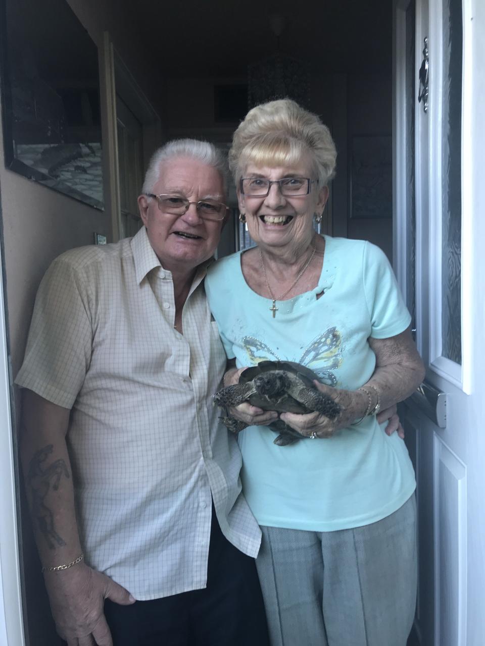 David and Sylvia Clouder with their tortoise, Tommy