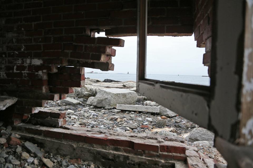 A view from inside the damaged old oil house, which was used for education about Portsmouth Harbor Lighthouse in New Castle.