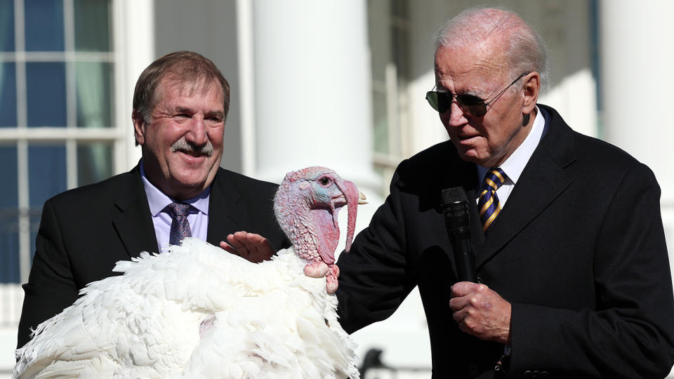 President Biden pardons Chocolate, the national Thanksgiving turkey, as he is joined by the 2022 National Turkey Federation chairman Ronnie Parker on the South Lawn of the White House on Nov. 21. Chocolate, and the alternate, Chip, were raised at Circle S. Ranch, outside Charlotte, N.C., and will reside on the campus of North Carolina State University following today's ceremony.