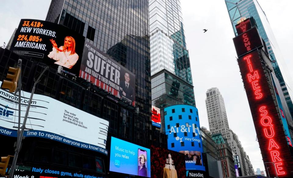 A Lincoln  Project billboard in New York City’s Times Square criticising Ivanka Trump and Jared Kushner  in 2020 (AFP via Getty Images)