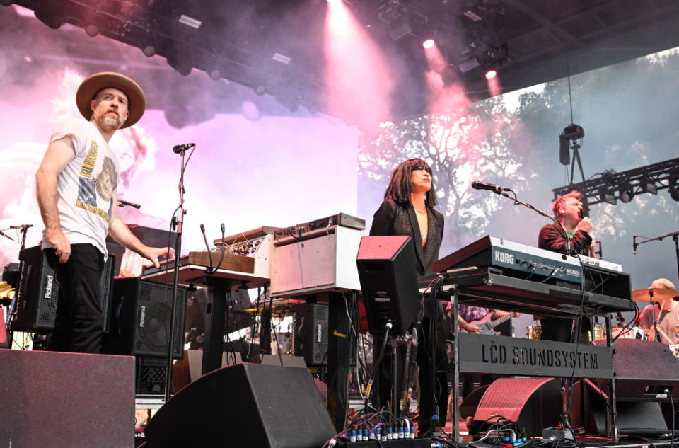 STANFORD, CALIFORNIA - JUNE 02: (L-R) Phil Mossman, Nancy Wang and James Murphy of LCD Soundsystem perform on Day 1 of Re:SET Concert Series at Frost Amphitheatre on June 02, 2023 in Stanford, California. (Photo by Steve Jennings/Getty Images)