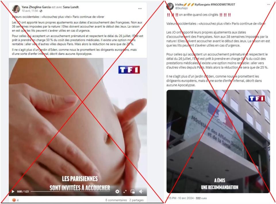 <span>Captures d'écran réalisées sur Facebook (à gauche) et X (ex-Twitter, à droite), le 17 avril 2024. </span>