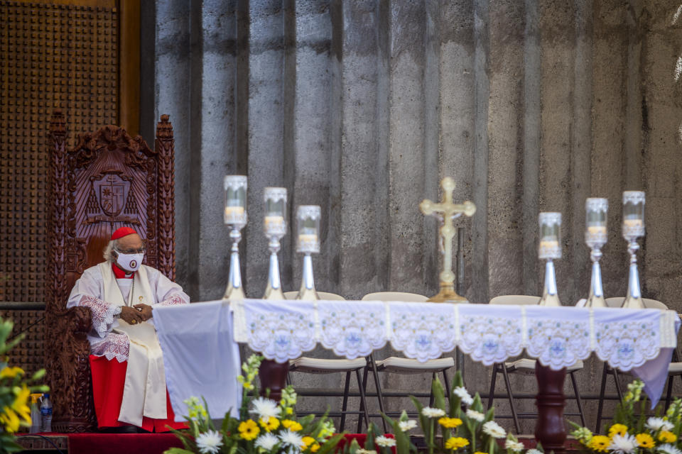 Cardinal Leopoldo Brenes leads a Mass at the end of procession of faithful to the Cathedral, in Managua, Nicaragua, Saturday, Aug. 13, 2022. The Catholic Church called on faithful to peacefully arrive at the Cathedral in Managua Saturday after National Police denied permission for a planned religious procession on “internal security” grounds. (AP Photo)