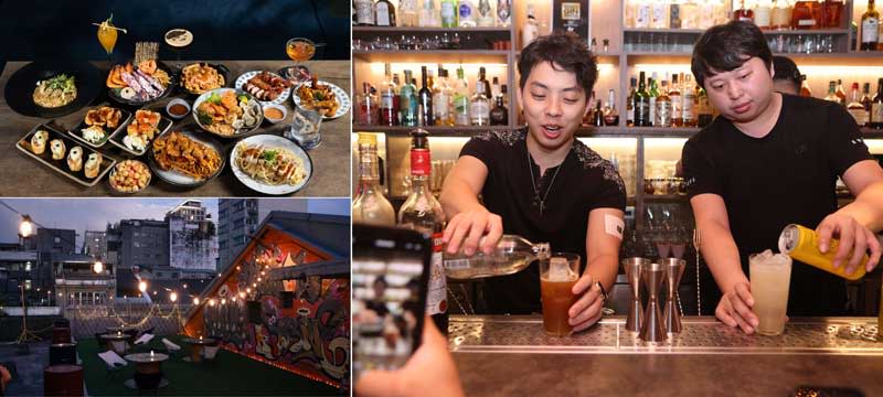 台北大稻埕知名餐酒館「微醺花園」邀請眾多網紅及美食愛好者體驗新菜單（左上圖）與DIY特色調酒（右圖），左下圖為微醺花園天臺串燒部。（微醺花園提供）