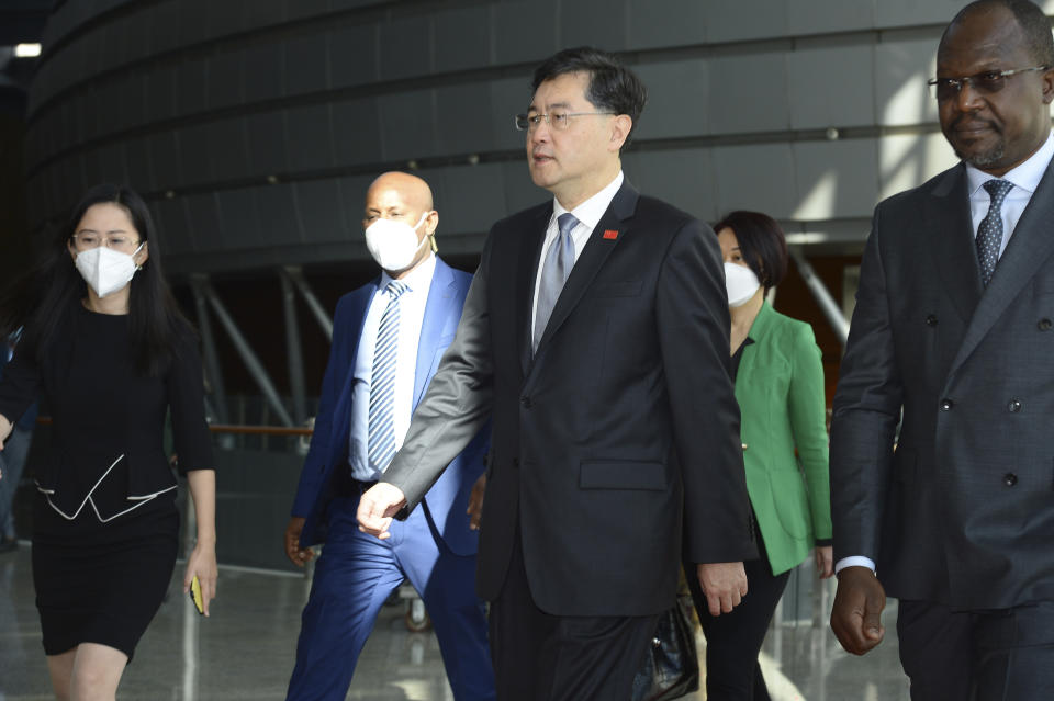 China's Foreign Minister, Qin Gang, center, arrives at the African Union headquarters in Addis Ababa, Ethiopia, Wednesday, Jan. 11, 2023. Qin has begun a five-nation tour of Africa aimed at bolstering Chinese-African ties. (AP Photo)