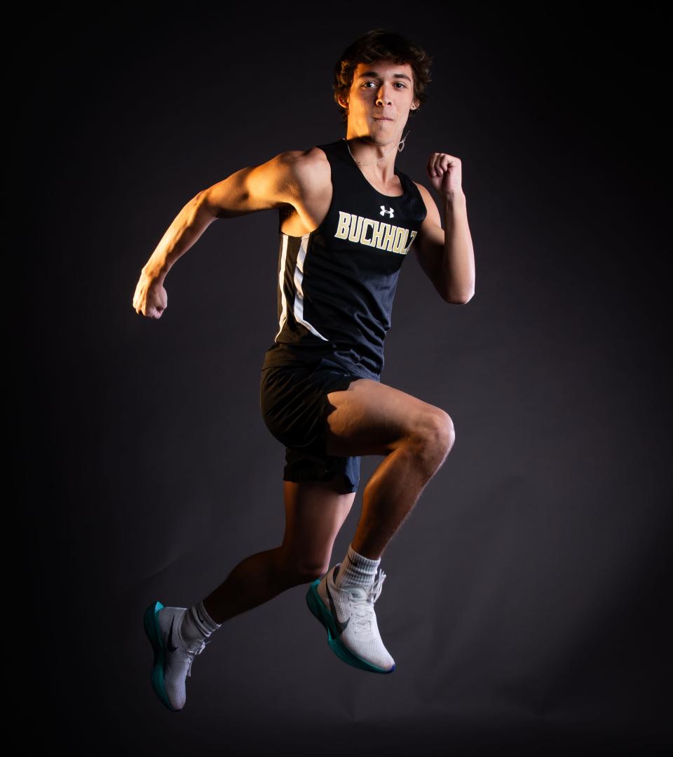 The Gainesville Sun Boys Cross Country Player of the Year is Riley Smith of Buchholz High School. Smith, a senior, will be attending the University of Florida in the Fall and running for the Gators. His awards include Indoor Track All-American, he won Class 4A Region 1, won FHSAA Class 4A Regional 1 boys individual and the team finished second in the FHSAA Class 4A Region 1 at State. [Doug Engle/Ocala Star Banner]2024