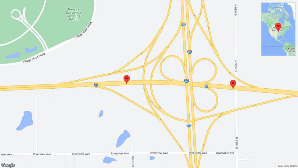 A detailed map that shows the affected road due to 'Lane on I-70 closed in Edwardsville' on July 18th at 11:25 p.m.