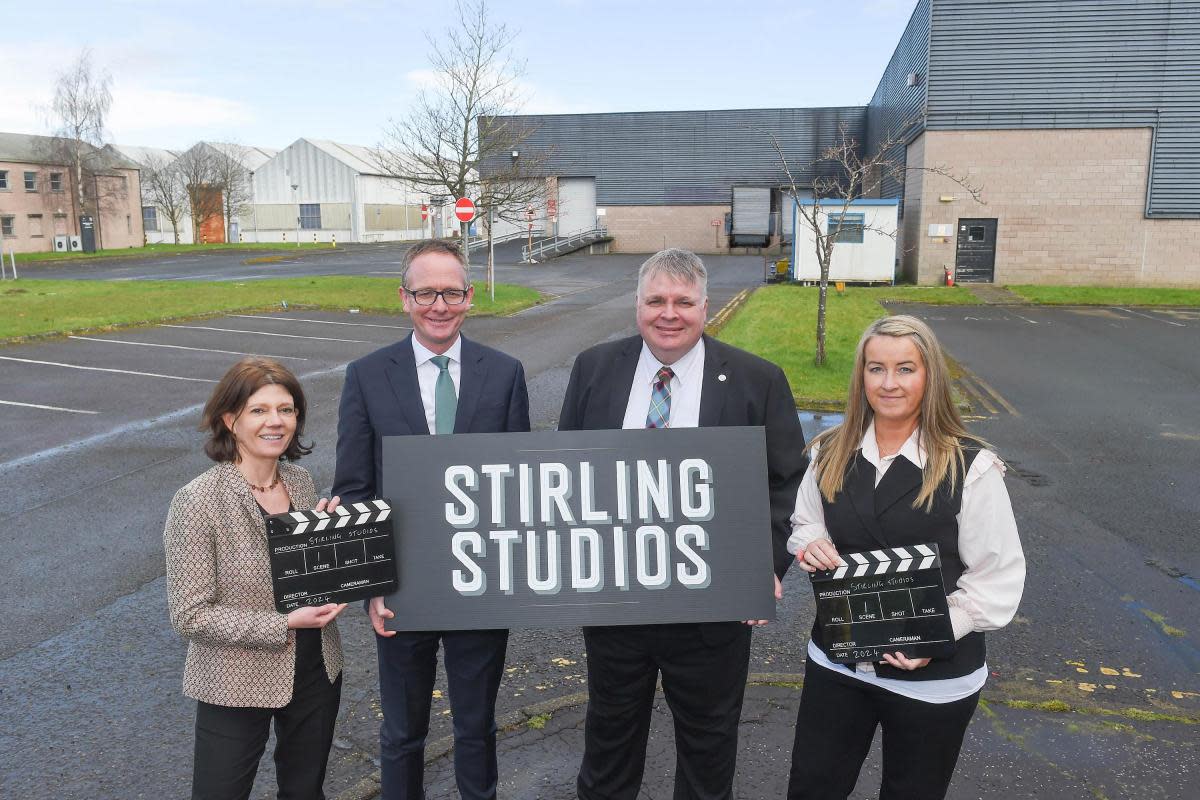 Isabel Davis, Executive Director of Screen Scotland; UK Government Minister for Scotland John Lamont MP; Stirling Council Leader, Cllr Chris Kane; and Stirling Council Chief Executive, Carol Beattie <i>(Image: Whitley Photography/Stirling Council)</i>