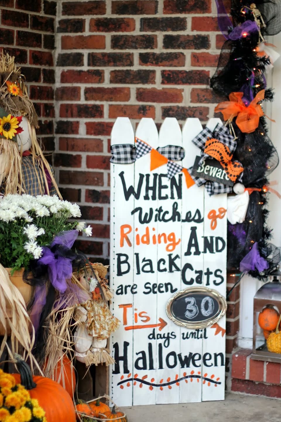 <p>Made from picket fence pieces, this Halloween countdown sign is the perfect way to drum up excitement for the holiday. Use chalkboard paint where your numbers will go, so you can update it each day. </p><p><strong>Get the tutorial at <a href="http://priscillas2000.blogspot.ca/2013/10/picket-fence-halloween-countdown.html" rel="nofollow noopener" target="_blank" data-ylk="slk:Priscillas;elm:context_link;itc:0;sec:content-canvas" class="link ">Priscillas</a>.</strong> </p>