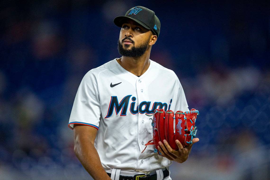 Miami Marlins pitcher Sandy Alcantara (22) reacts as he walks off the field during the third inning of an MLB game against the Washington Nationals at loanDepot park in the Little Havana neighborhood of Miami, Florida, on Wednesday, June 8, 2022.