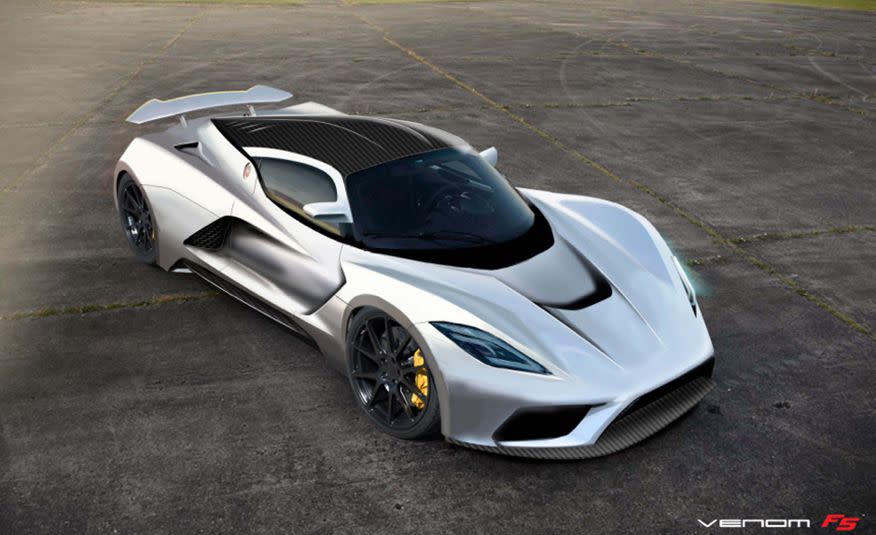 <p>With the Lotus Exige–based Venom GT, Hennessey showed that America could build a hypercar, even if it wasn't as well-rounded as many European thoroughbreds. Now Hennessey is opening another chapter with <a href="https://www.caranddriver.com/news/a15339081/hennessey-venom-f5-aims-for-300-mph-and-1600-hp/" rel="nofollow noopener" target="_blank" data-ylk="slk:the fresher Venom F5;elm:context_link;itc:0;sec:content-canvas" class="link ">the fresher Venom F5</a>, and it's gunning for a 300-plus-mph top speed. Along the way, the Venom F5 is said to hit 60 mph in under two seconds, thanks to a 7.6-liter twin-turbo V-8 producing more than 1600 horsepower.</p>