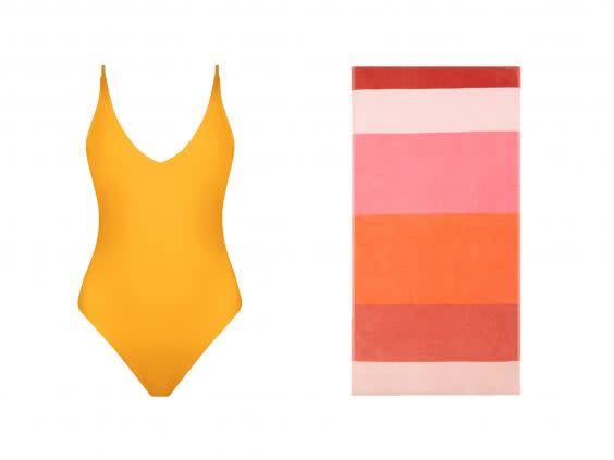 If you're heading somewhere sunny, make sure you're kitted out in eco-friendly swimwear and bright beach towels (left, Kamba, right John Lewis & Partners)