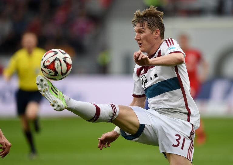 Bayern Munich's Bastian Schweinsteiger during the Bundesliga match against Bayer Leverkusen in western Germany on May 2, 2015