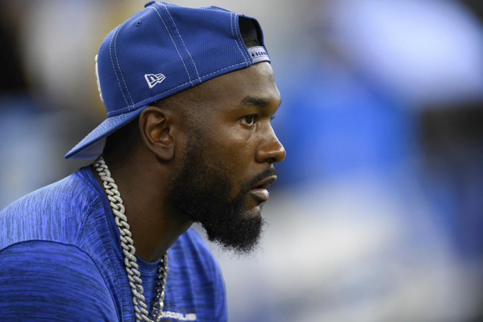 Indianapolis Colts linebacker Shaquille Leonard (53) on the sidelines during an NFL football game against the Detroit Lions, Saturday, Aug. 20, 2022, in Indianapolis. (AP Photo/Zach Bolinger)
