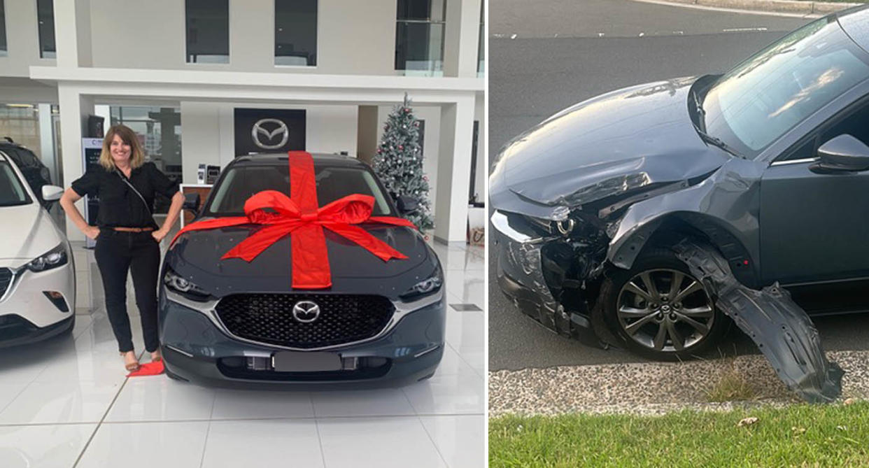 Lollie Barr with her shiny new car when she first bought it (left) and what it looked like after her accident (right).