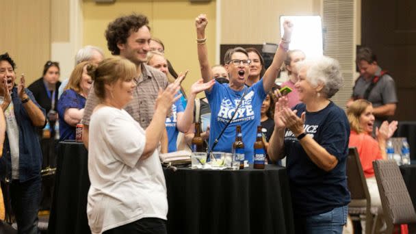 PHOTO: Abortion-rights supporters react as early polls showed that voters rejected a state constitutional amendment that would have declared there is no right to abortion, at an election watch party in Topeka, Kansas, Aug. 2, 2022.  (Evert Nelson/USA Today Network via Reuters)