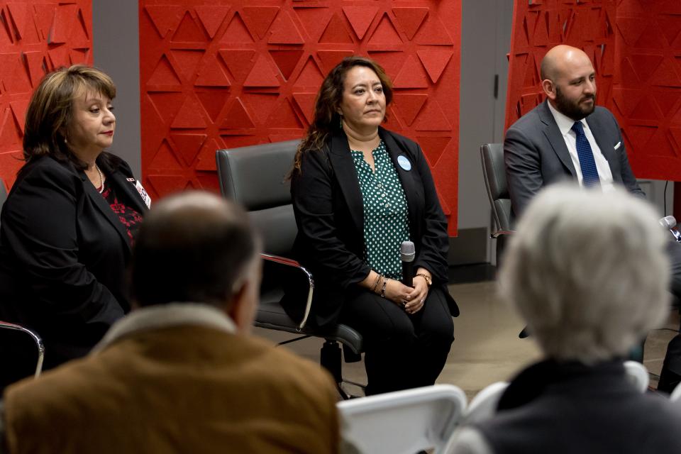 From left, former Judge Alma Trejo, former assistant district attorney Nancy Casas and El Paso attorney James Montoya listen to the next question at the El Paso Chamber’s forum on Jan. 18, 2024, for candidates seeking the district attorney seat in the upcoming election.