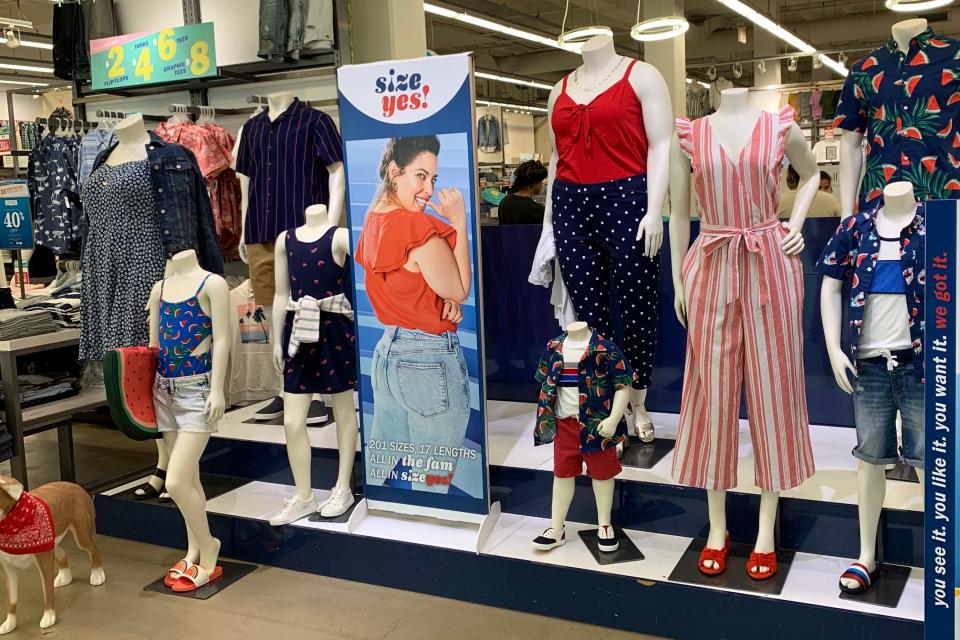 A display at an Old Navy store featuring mannequins of different shapes and sizes