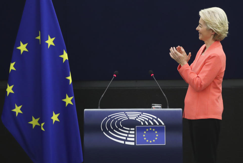 European Commission President Ursula von der Leyen applauds after delivering a State of the Union Address at the European Parliament in Strasbourg, France, Wednesday, Sept. 15, 2021. Stung by the swift collapse of the Afghan army and the chaotic U.S.-led evacuation through Kabul airport, the European Union on Wednesday unveiled new plans to develop its own defense capacities to try to ensure that it has more freedom to act in future crises. (Yves Herman, Pool via AP)