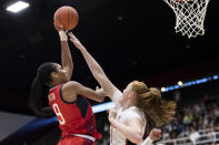 U.S. forward A'ja Wilson, left, shoots as Stanford forward Alyssa Jerome defends during the first quarter of an exhibition women's basketball game Saturday, Nov. 2, 2019, in Stanford, Calif. (AP Photo/John Hefti)