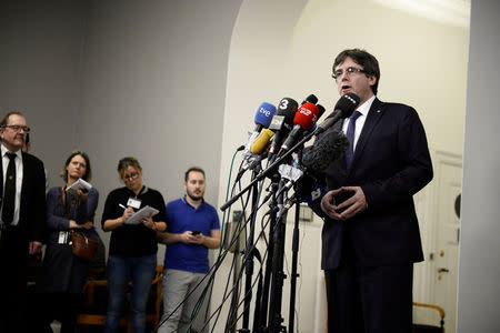 The Catalan separatist leader Carles Puigdemont speaks during a news conference after a meeting with Danish members of the Parliament, after being invited by the Faroese parliamentary member Magni Arge, at Christiansborg in Copenhagen, Denmark January 23, 2018. Mads Claus Rasmussen/Scanpix Denmark via REUTERS