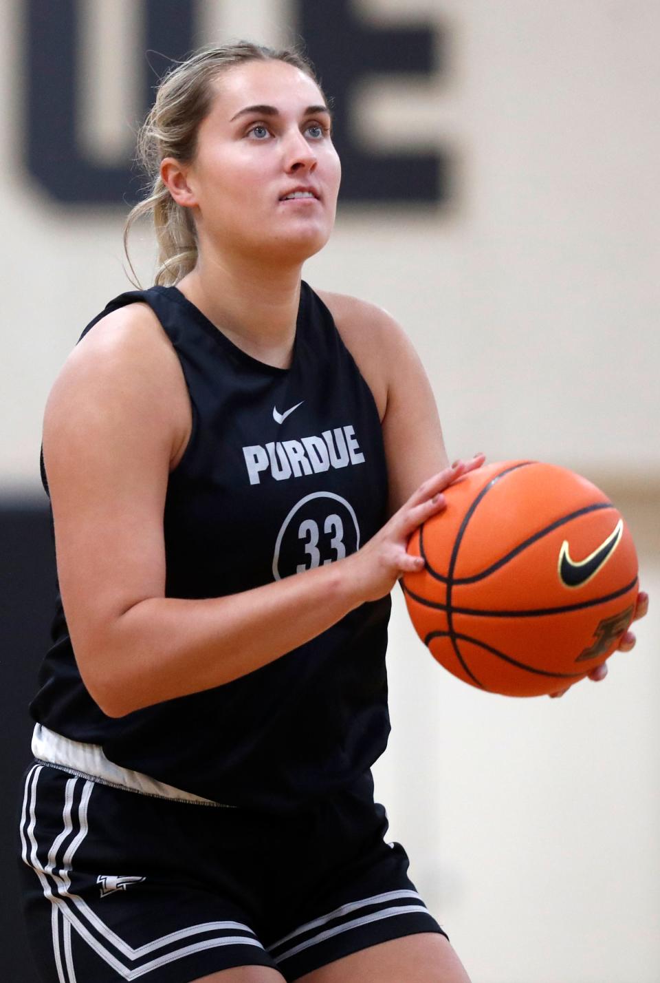 Purdue Boilermakers guard Madison Layden (33) prepares to shoot the ball during a basketball practice, Thursday, Oct. 5, 2023, at Cardinal Court in West Lafayette, Ind.