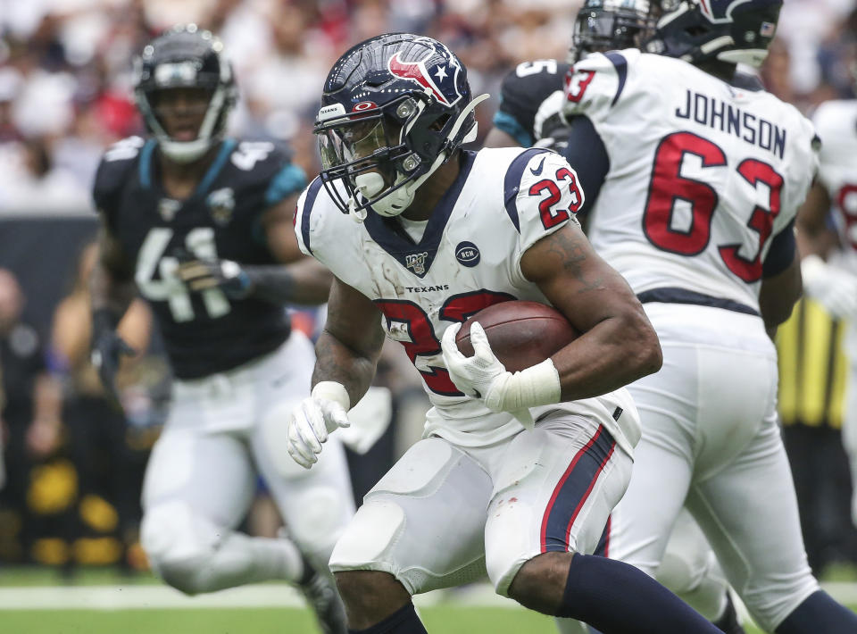 Sep 15, 2019; Houston, TX, USA; Houston Texans running back Carlos Hyde (23) runs with the ball during the third quarter against the Jacksonville Jaguars at NRG Stadium. Mandatory Credit: Troy Taormina-USA TODAY Sports