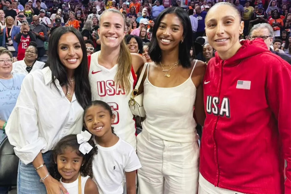 <p>Vanessa Bryant/Instagram</p> Vanessa Bryant poses with WNBA players and daughters courtside at a basketball game