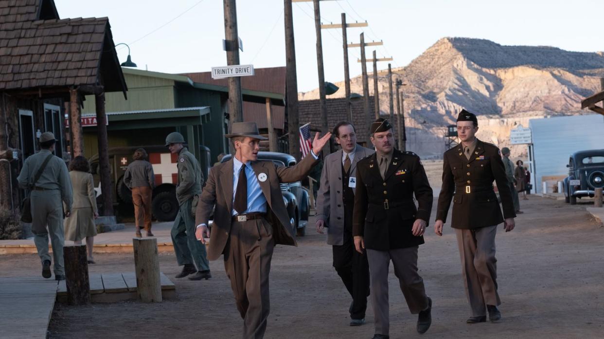 l to r cillian murphy is j robert oppenheimer, olli haaskivi is edward condon, matt damon is leslie groves, and dane dehaan is kenneth nichols in oppenheimer, written, produced, and directed by christopher nolan