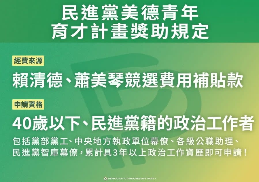 民進黨青年黨員獎助申請條件。民進黨提供