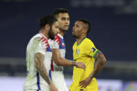 Brazil's Gabriel Jesus reacts after missing a chance to score during a Copa America quarterfinal soccer match against Chile at the Nilton Santos stadium in Rio de Janeiro, Brazil, Friday, July 2, 2021. (AP Photo/Silvia Izquierdo)
