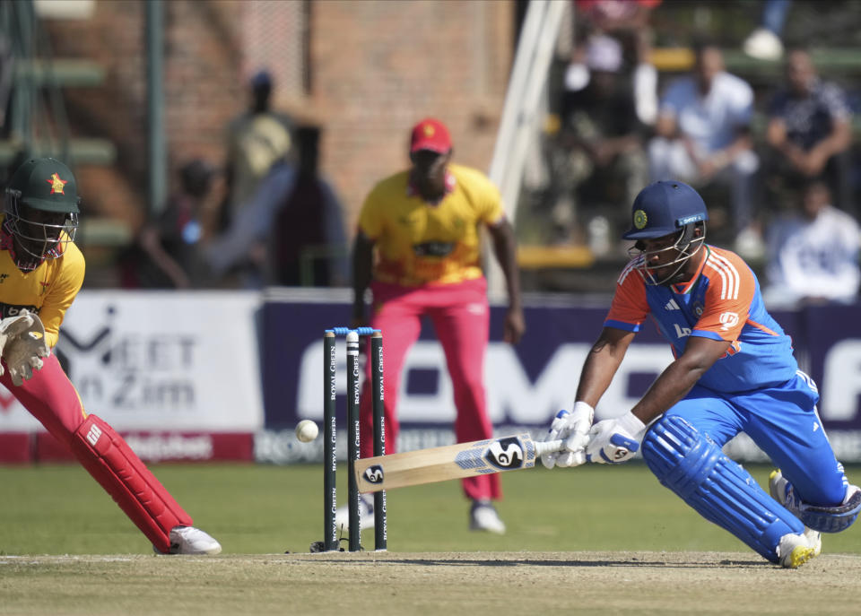 Indian batsman Sanju Samson in action during the T20 cricket match between Zimbabwe and India at the Harare Sports club, in Harare, Sunday, July 14, 2024. (AP Photo/Tsvangirayi Mukwazhi)