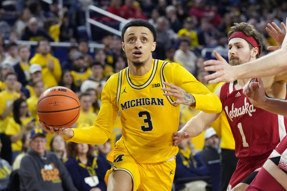 Michigan guard Jaelin Llewellyn drives during the second half of an NCAA college basketball game against Nebraska, Sunday, March 10, 2024, in Ann Arbor, Mich. (AP Photo/Carlos Osorio)