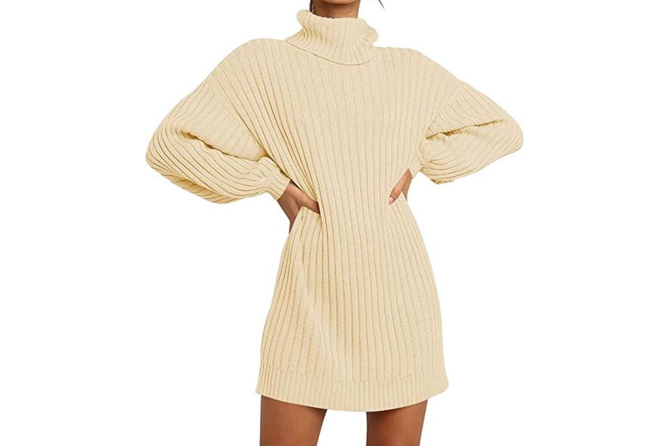ANRABESS Women Turtleneck Long Lantern Sleeve Casual Loose Oversized Sweater Dress Soft Winter Pullover Dresses