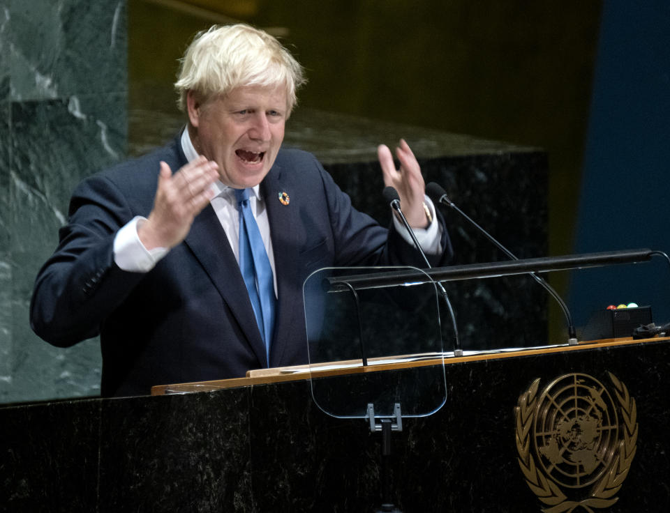 British Prime Minister Boris Johnson addresses the 74th session of the United Nations General Assembly, Tuesday, Sept. 24, 2019, at U.N. headquarters. (AP Photo/Craig Ruttle)