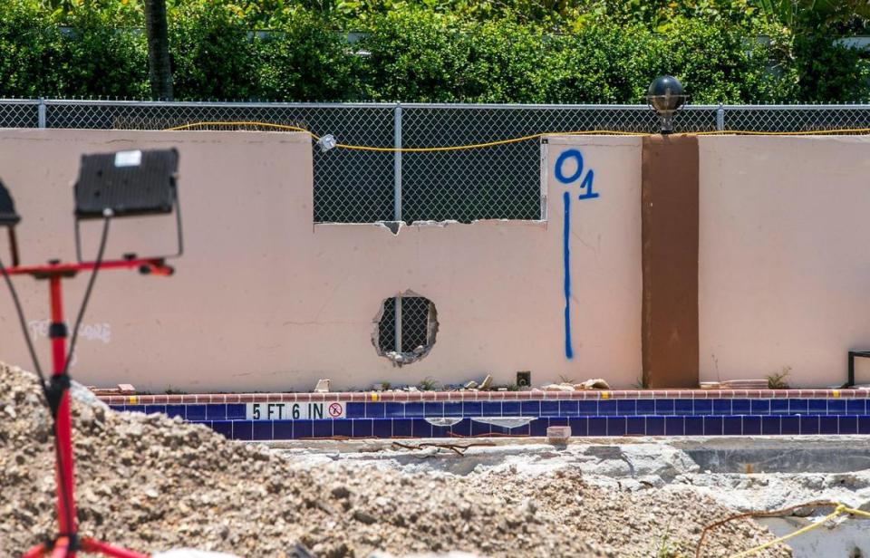 View of what remains of shear wall that extends bellow the ground that helps support the outer wall for construction photographed on June 3, 2022, at the site where the Champlain Towers South beachfront condominium collapsed.