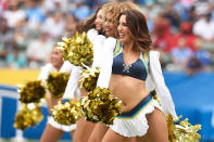 <p>The Los Angeles Charger Girls perform during the game between the Los Angeles Chargers and the Miami Dolphins at the StubHub Center on September 17, 2017 in Carson, California. (Photo by Kevork Djansezian/Getty Images) </p>