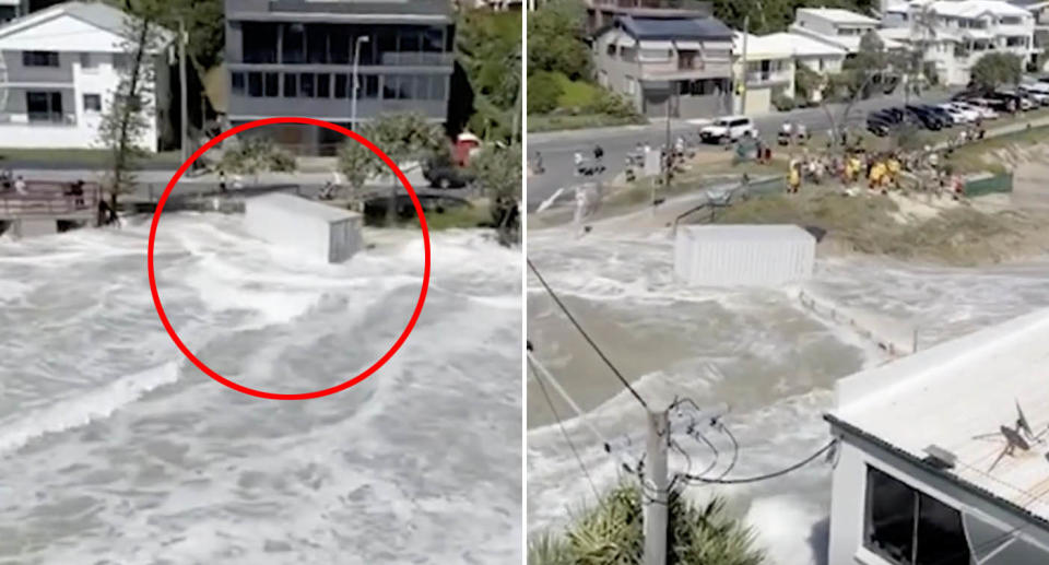 A shipping container moves through wild surf at Currumbin Beach in Queensland.